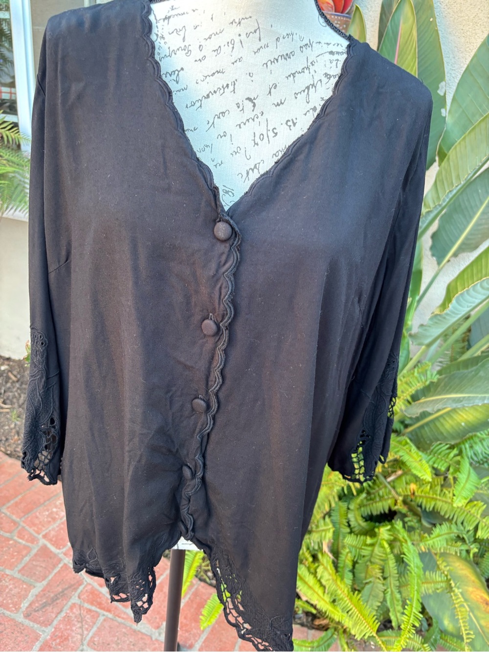 Women's Black Soft Surroundings Lace-Trim Button Front Top